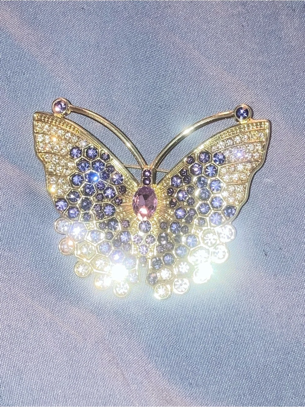 Gold Butterfly Crystal Brooch with Purple and Pink Stones